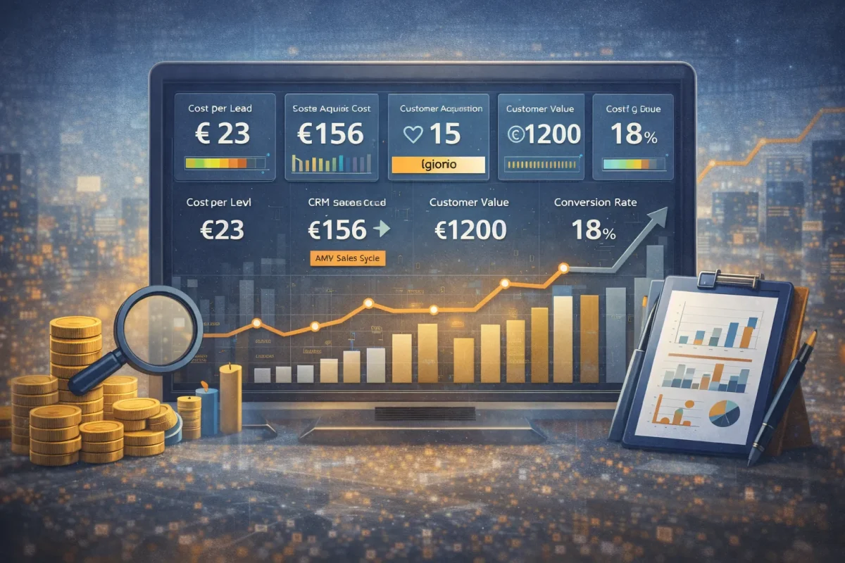 CRM per PMI con dashboard KPI, costo per lead, costo acquisizione cliente e percentuale di conversione
