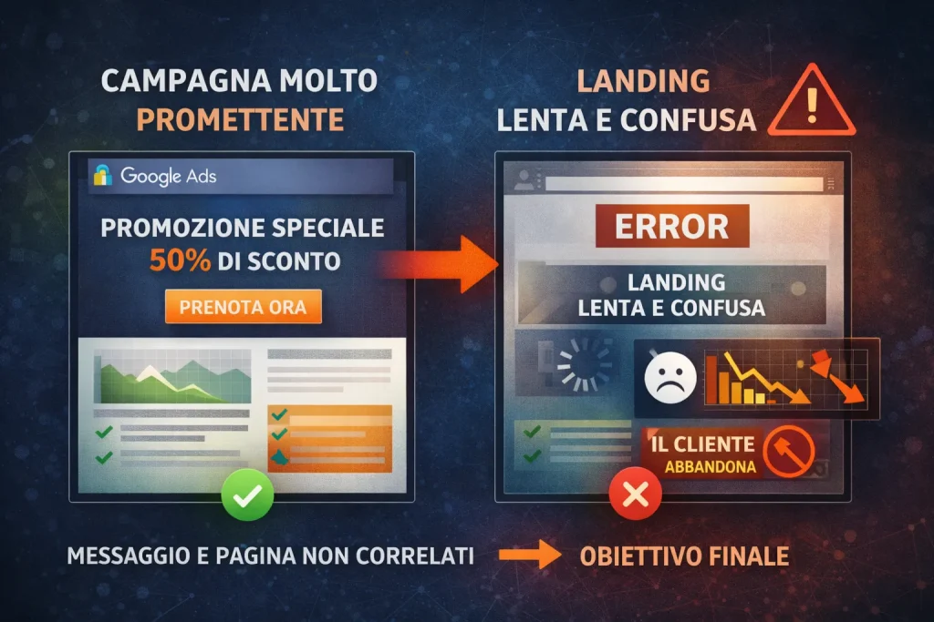 Confronto tra campagna Google Ads efficace e landing page lenta e confusa con perdita di conversioni