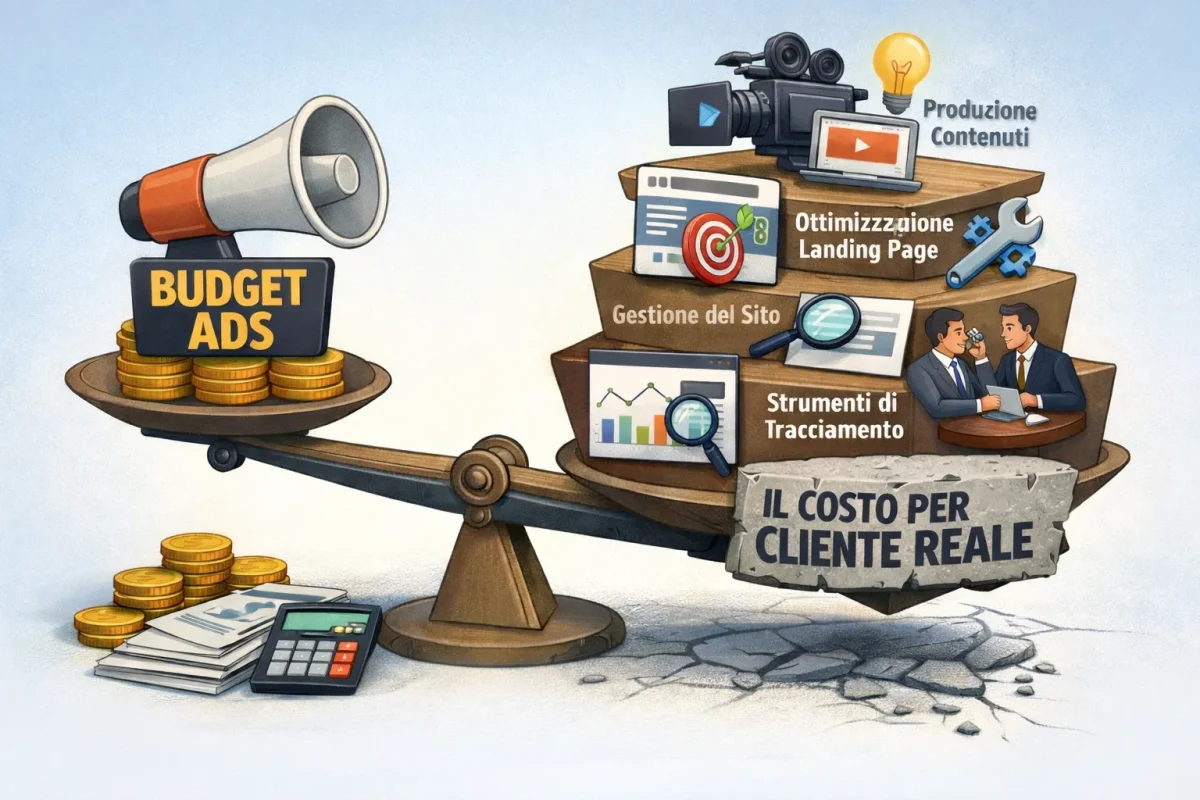Bilancia tra budget Ads e costo acquisizione cliente reale con produzione contenuti, landing page, gestione sito e strumenti di tracciamento