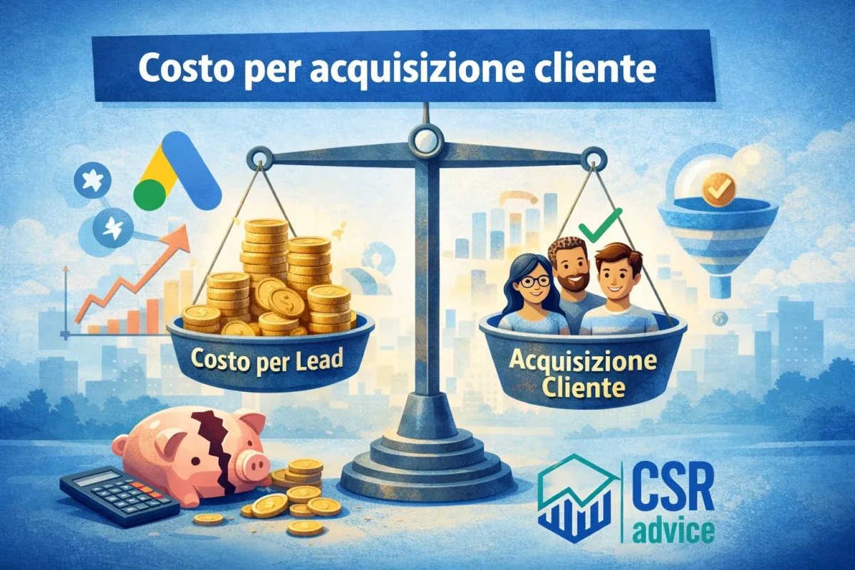 Costo per acquisizione cliente confrontato con costo per lead in campagne Google Ads e Meta Ads per PMI