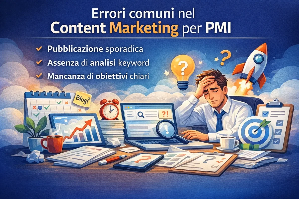 Errori comuni nel content marketing per PMI come pubblicazione sporadica, assenza di analisi keyword e mancanza di obiettivi chiari che riducono il traffico organico