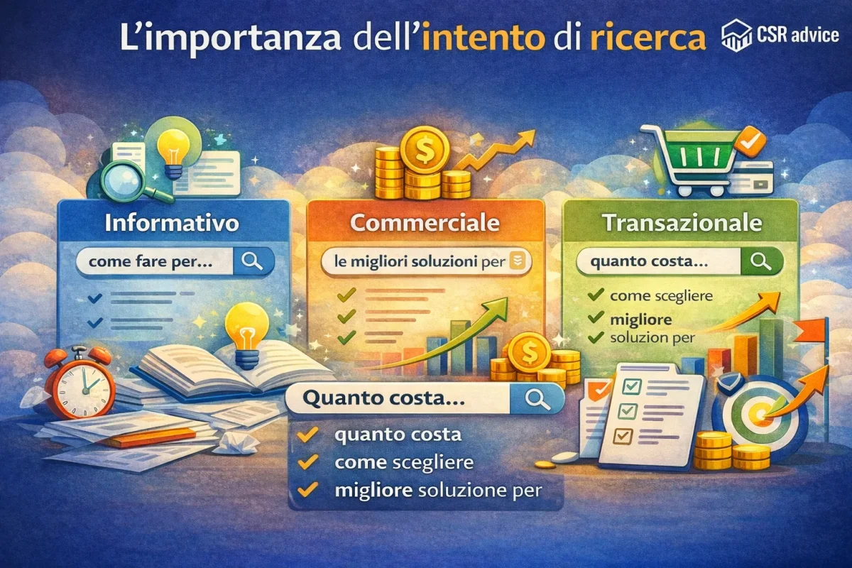 Infografica sull’intento di ricerca nella SEO per PMI con suddivisione tra intento informativo, commerciale e transazionale nel content marketing