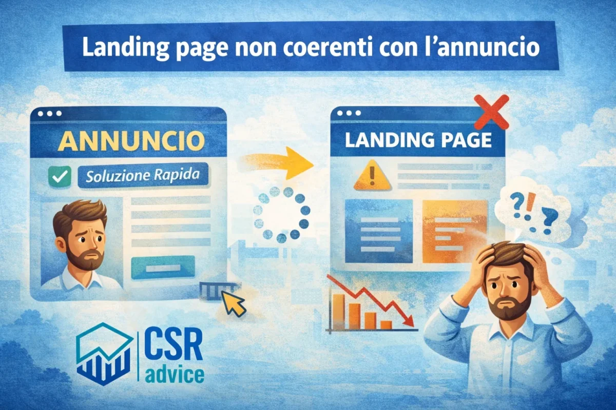 Landing page non coerente con annuncio in campagne Google Ads e Meta Ads con calo del tasso di conversione