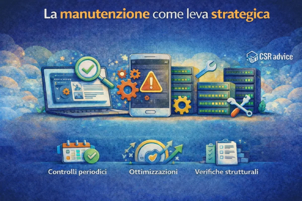 Illustrazione sulla manutenzione del sito web come leva strategica con dispositivi digitali, server e strumenti tecnici in stile CSR Advice