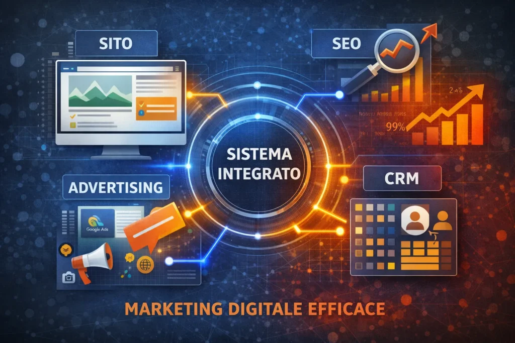 Schema di marketing digitale integrato con sito web, SEO, Ads e CRM collegati in un unico sistema
