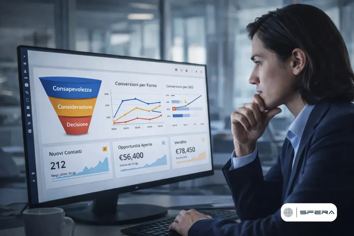 donna analizza dati CRM per ottimizzare budget marketing aziendale