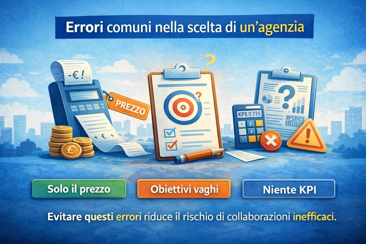 Infografica sugli errori nella scelta di un’agenzia di marketing digitale come basarsi solo sul prezzo, avere obiettivi vaghi e non utilizzare KPI misurabili