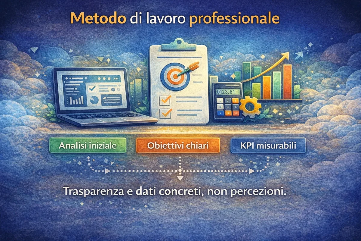 Infografica sul metodo di lavoro di un’agenzia di marketing digitale con analisi iniziale, obiettivi chiari e KPI misurabili per garantire ROI e risultati concreti