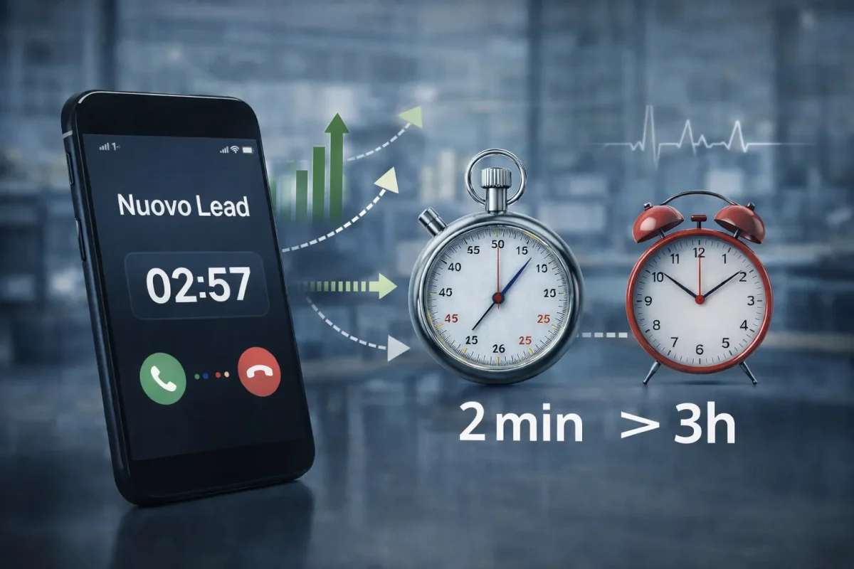 tempo di risposta lead con smartphone e dashboard CRM che mostra aumento conversioni