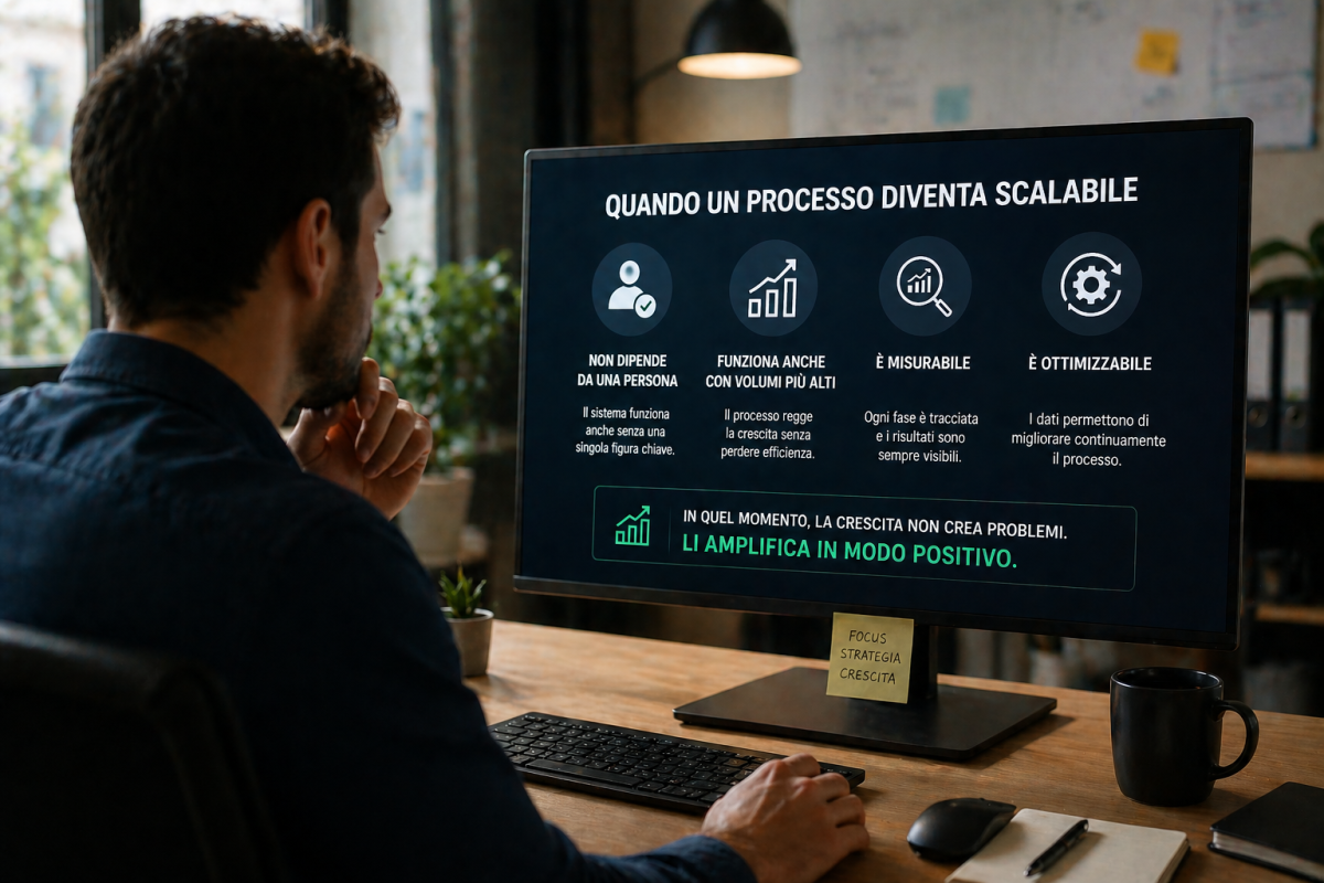 uomo analizza processo commerciale scalabile su monitor con dati e crescita