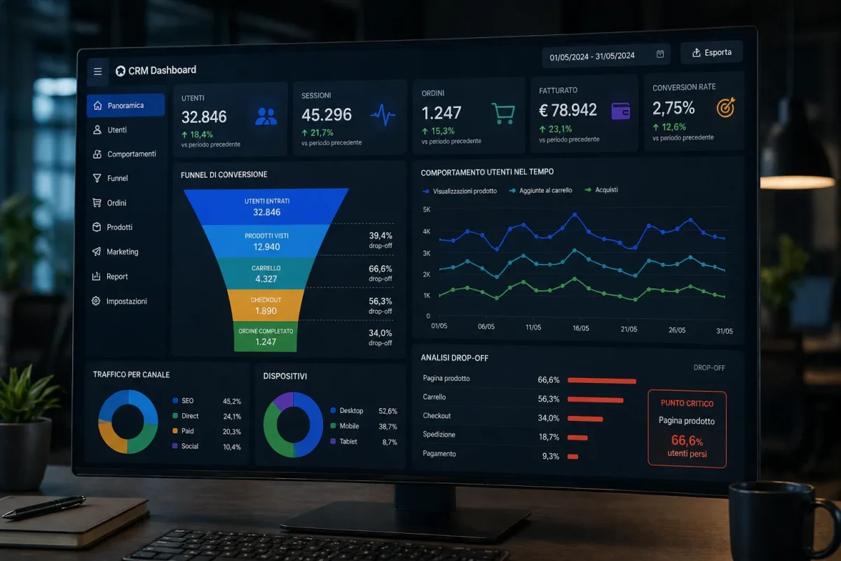 dashboard crm con funnel di conversione e analisi comportamento utenti ecommerce