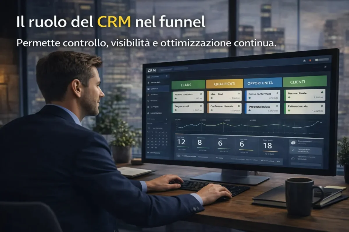 crm marketing su monitor con gestione lead opportunità e clienti nel funnel