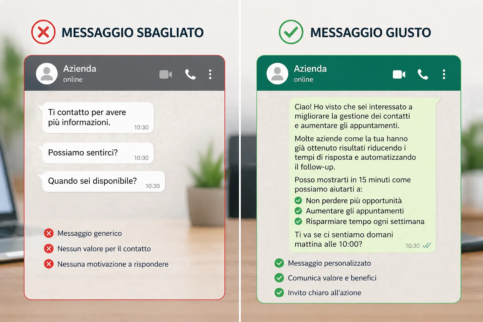 risposta ai contatti: confronto tra messaggi sbagliati e messaggi corretti per contattare lead e ottenere risposta