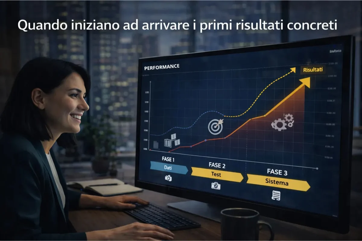 progressione risultati nel marketing digitale con fasi dati test sistema e crescita finale
