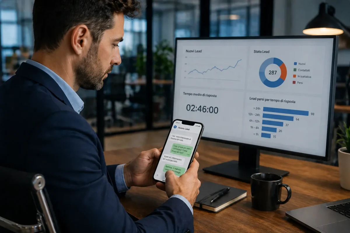 professionista risponde a lead da smartphone mentre analizza dati marketing su monitor