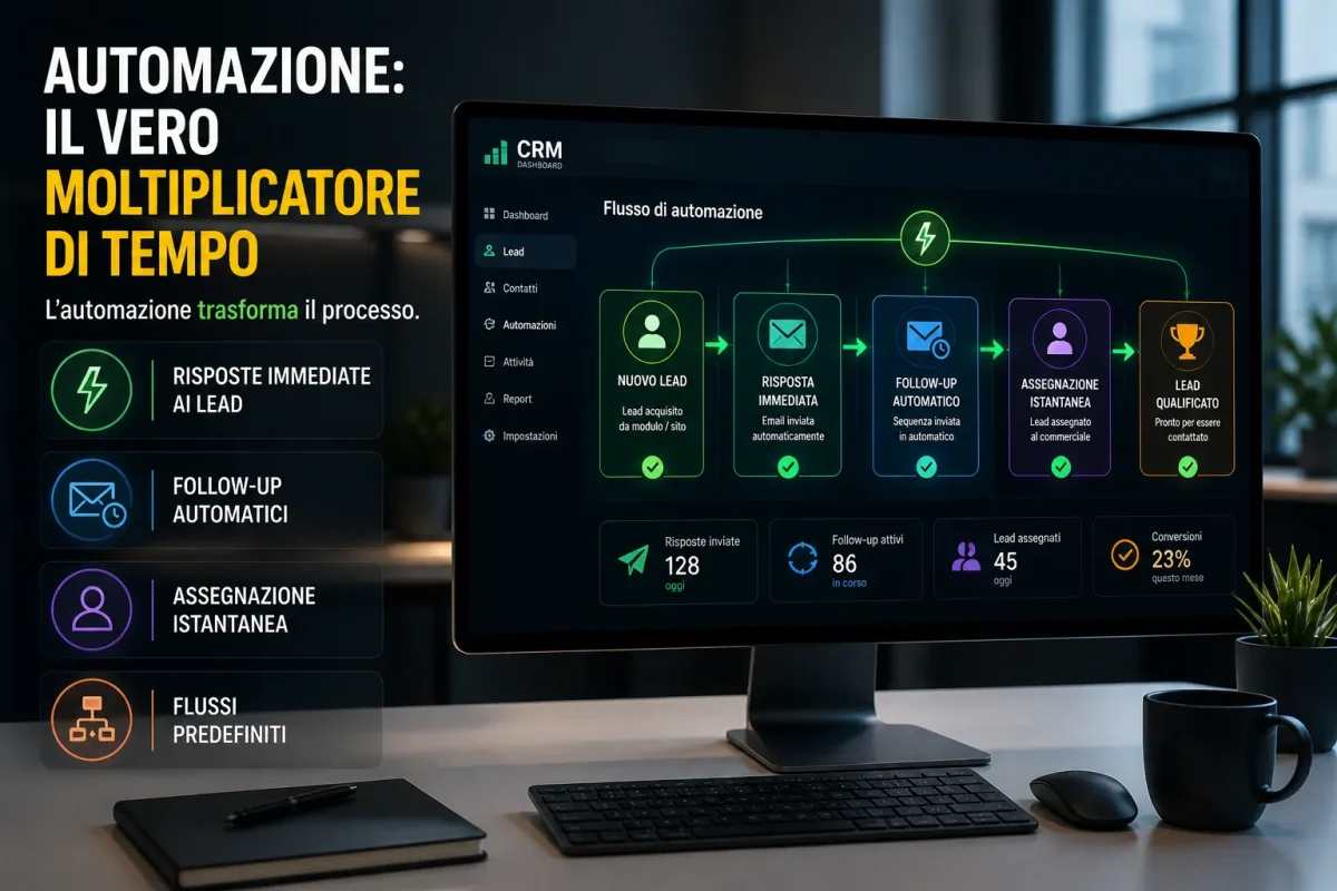 Contatti: dashboard crm con flusso automatizzato di gestione lead e follow up automatici