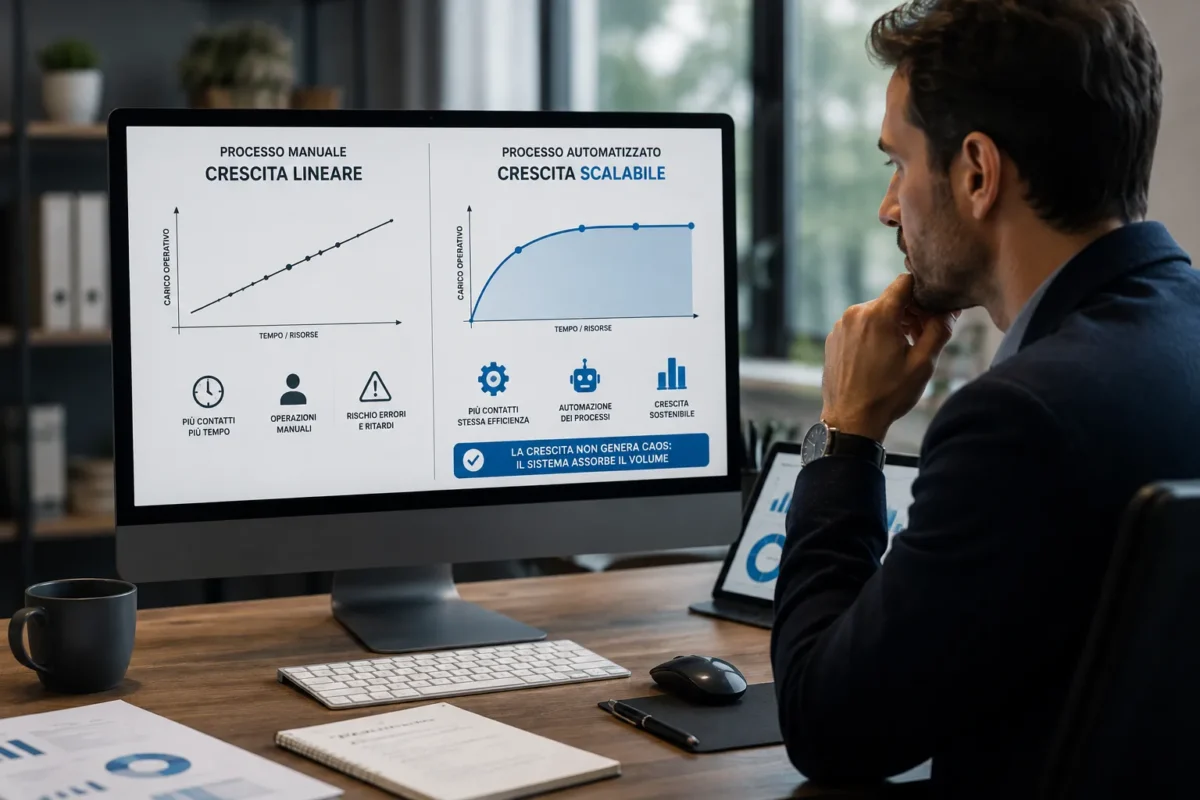 automazione marketing: professionista analizza dashboard con confronto tra processo manuale e processo automatizzato per crescita scalabile aziendale