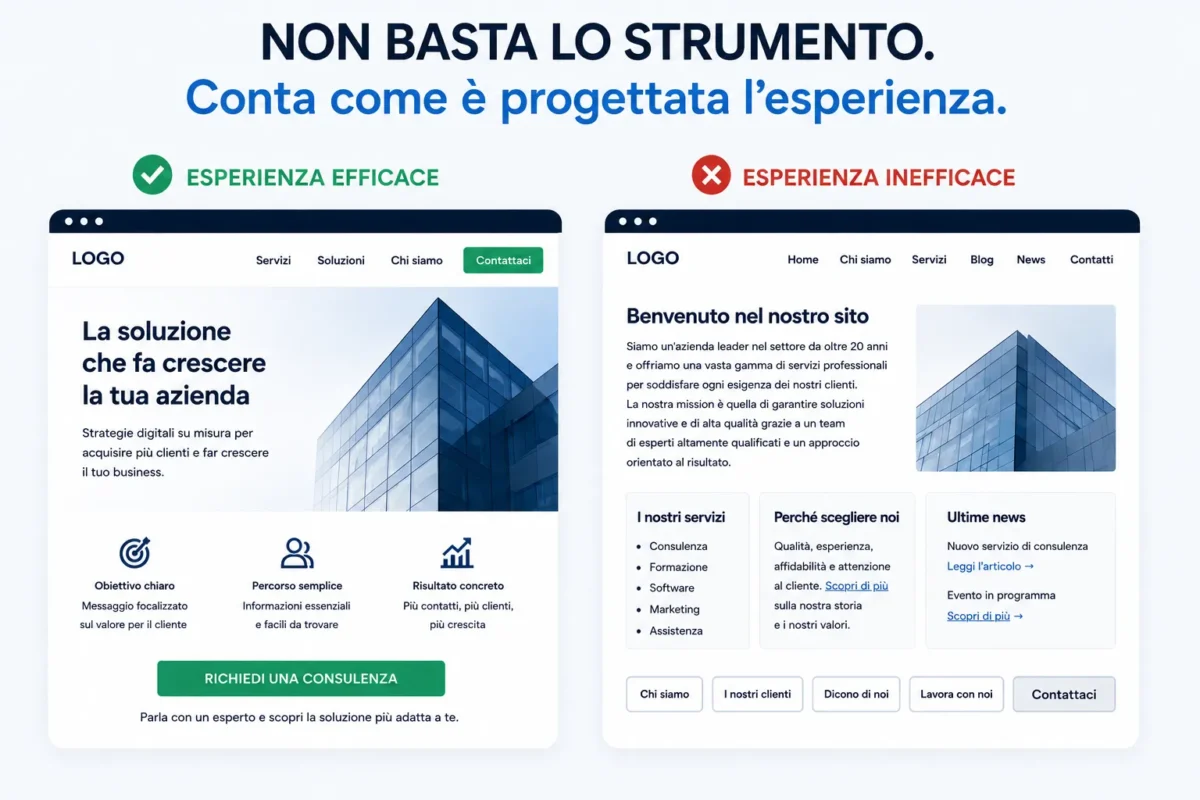 confronto tra esperienza utente efficace e inefficace su sito web e landing page orientate alla conversione