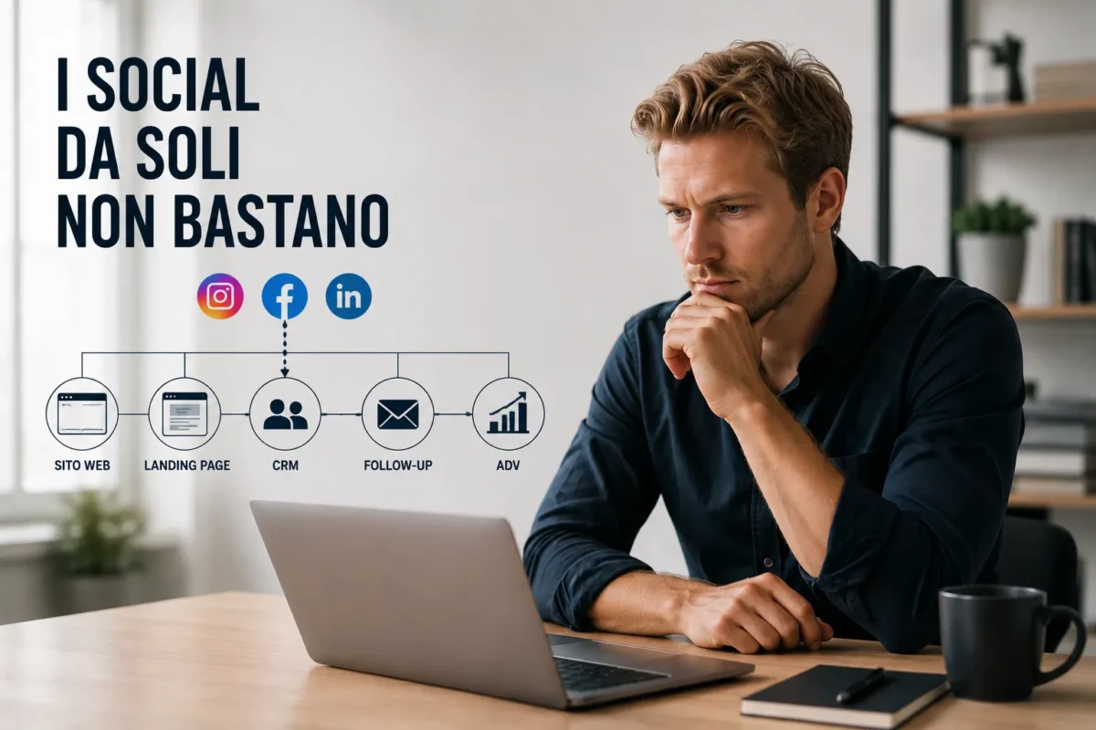 professionista in ufficio analizza strategia social media collegata a sito web landing page CRM follow up e advertising